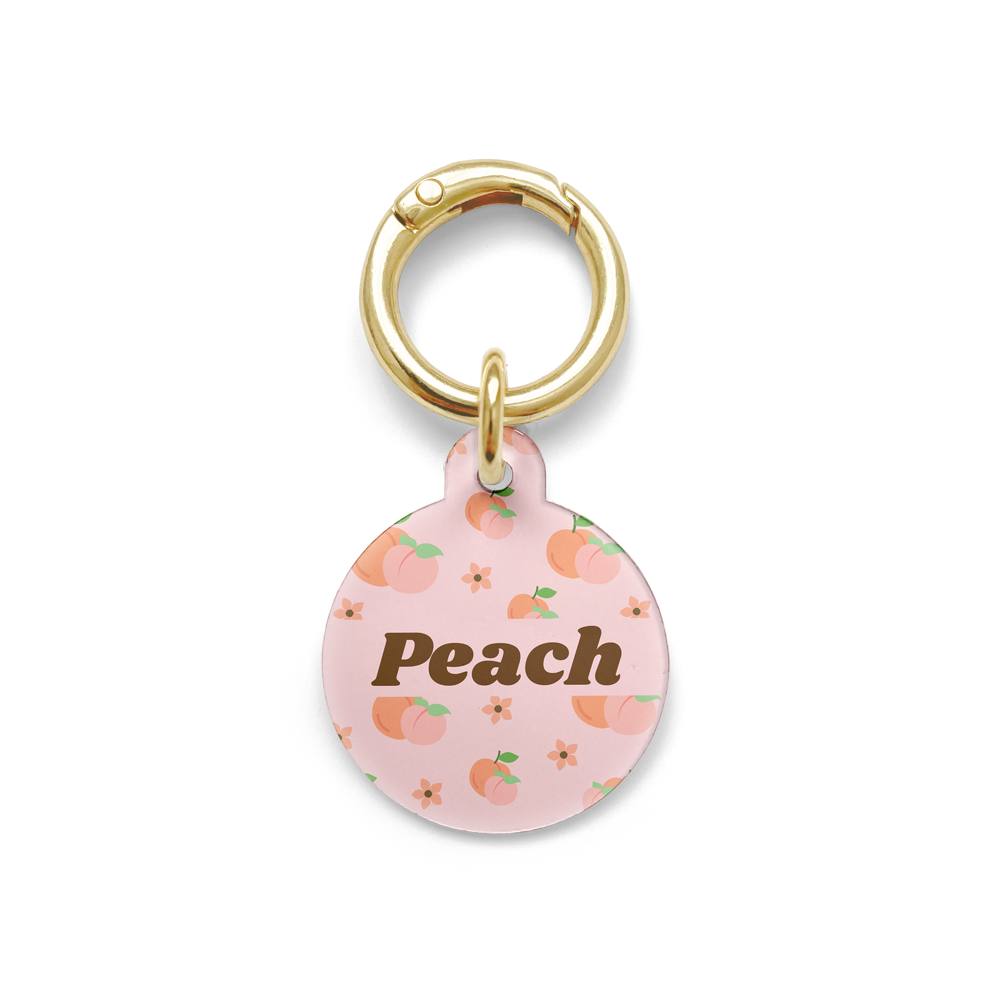 Peach styled Pet ID tag in a circle shape with a gold ring. 