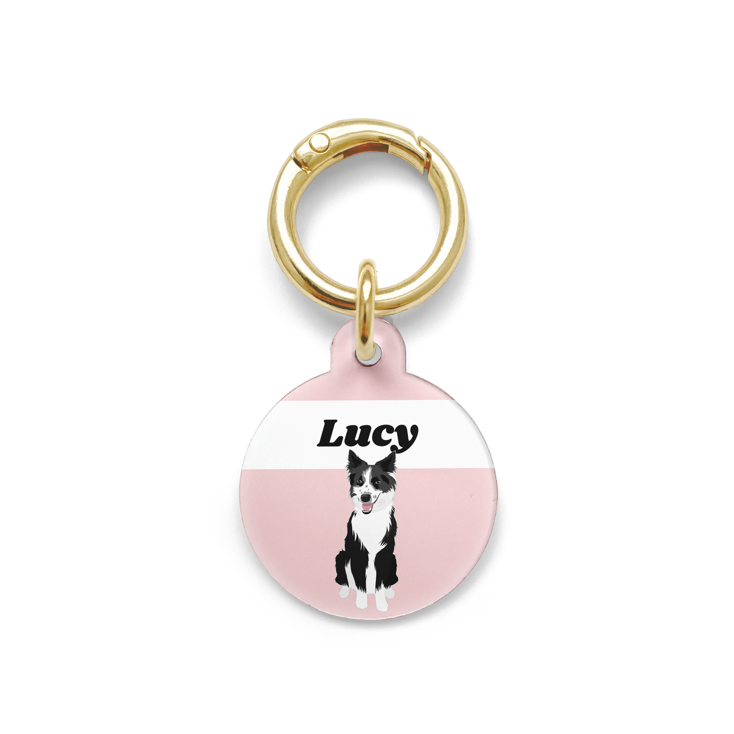 Border Collie illustration on a circular dog ID tag with a pink background and gold ring.