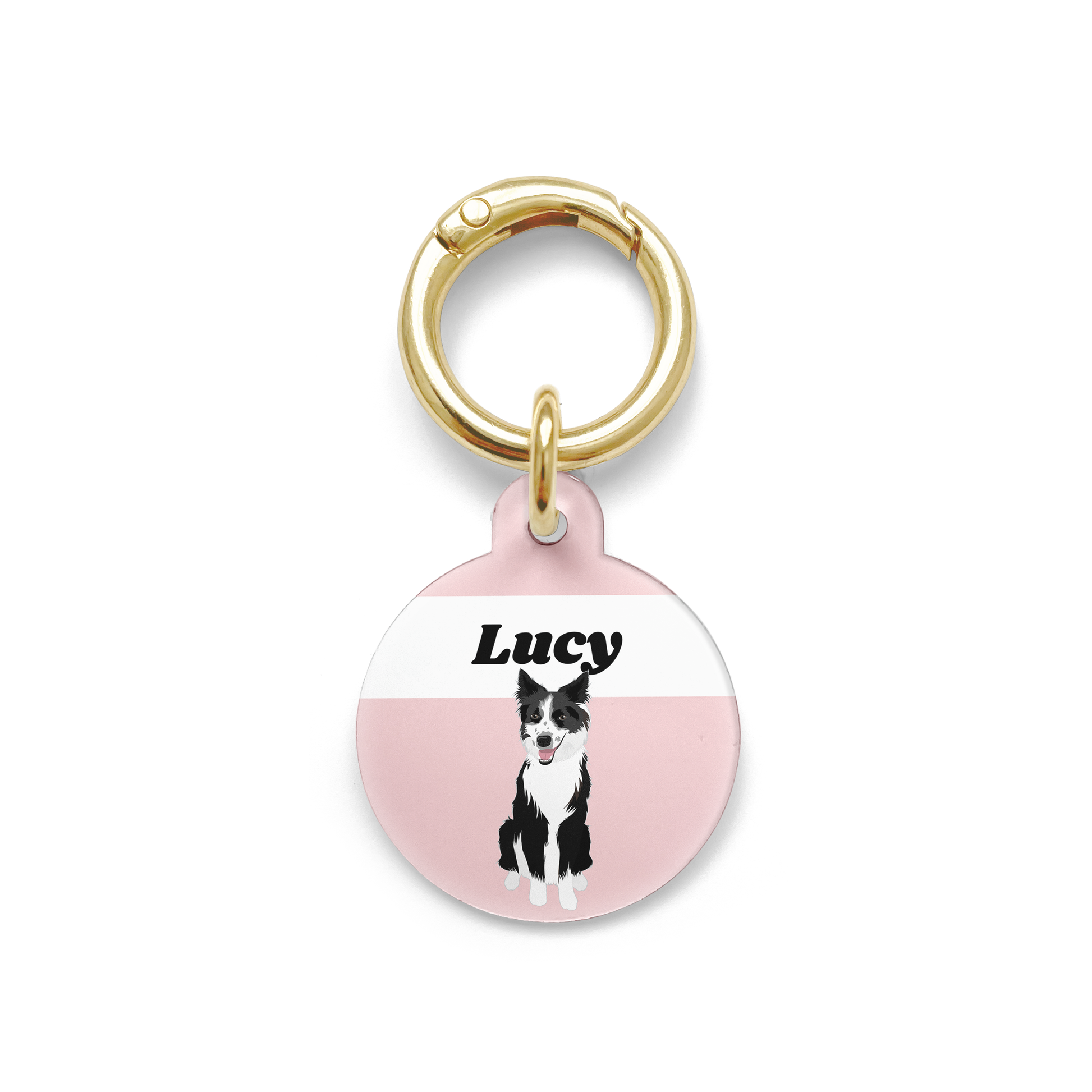 Border Collie illustration on a circular dog ID tag with a pink background and gold ring.