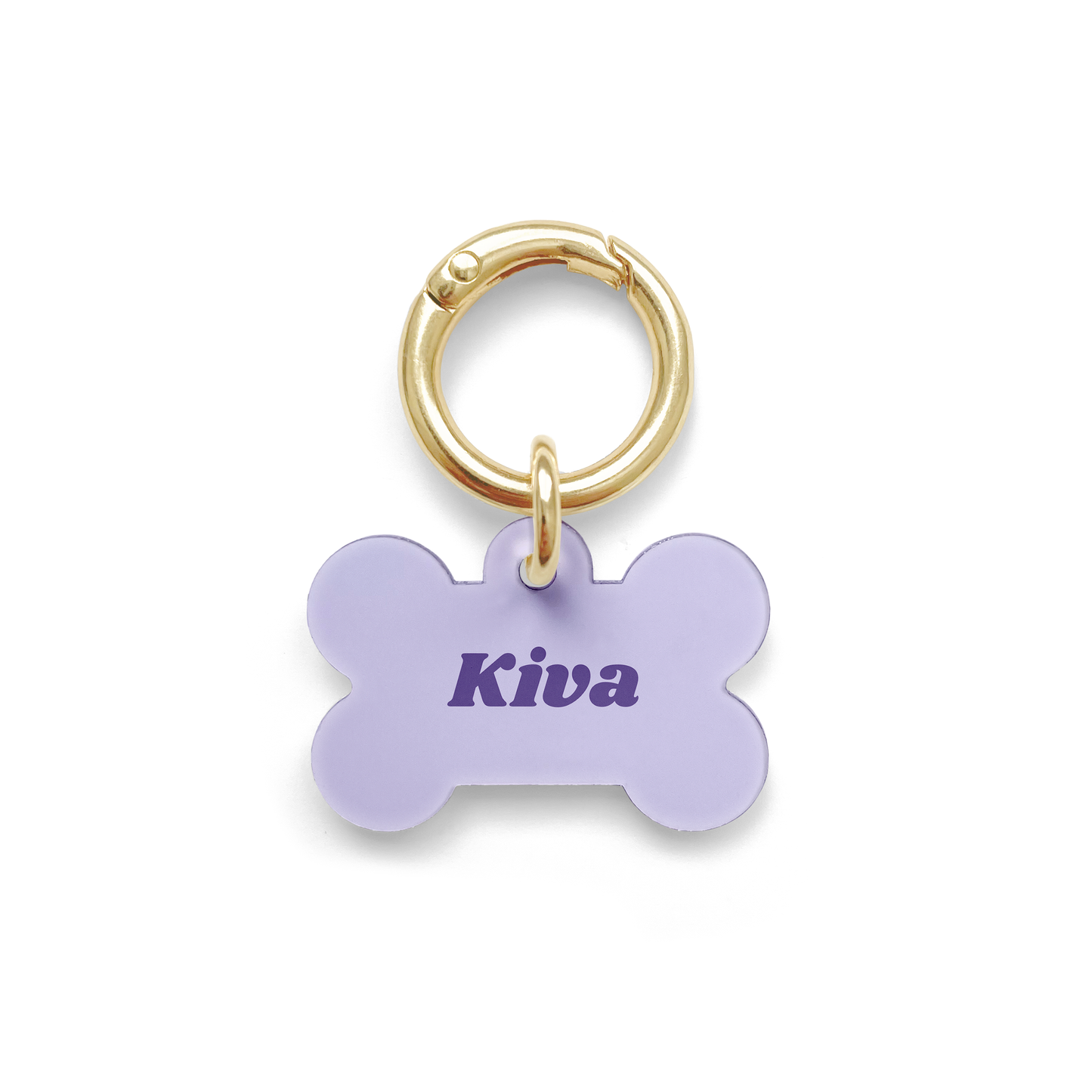 Purple Pet ID Tag from the simple design range in a bone shape with a gold ring.