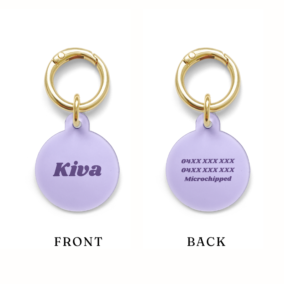 Example of where the contact information is added to the Purple Pet ID Tag from Parcs Dog Apparel Simple Range