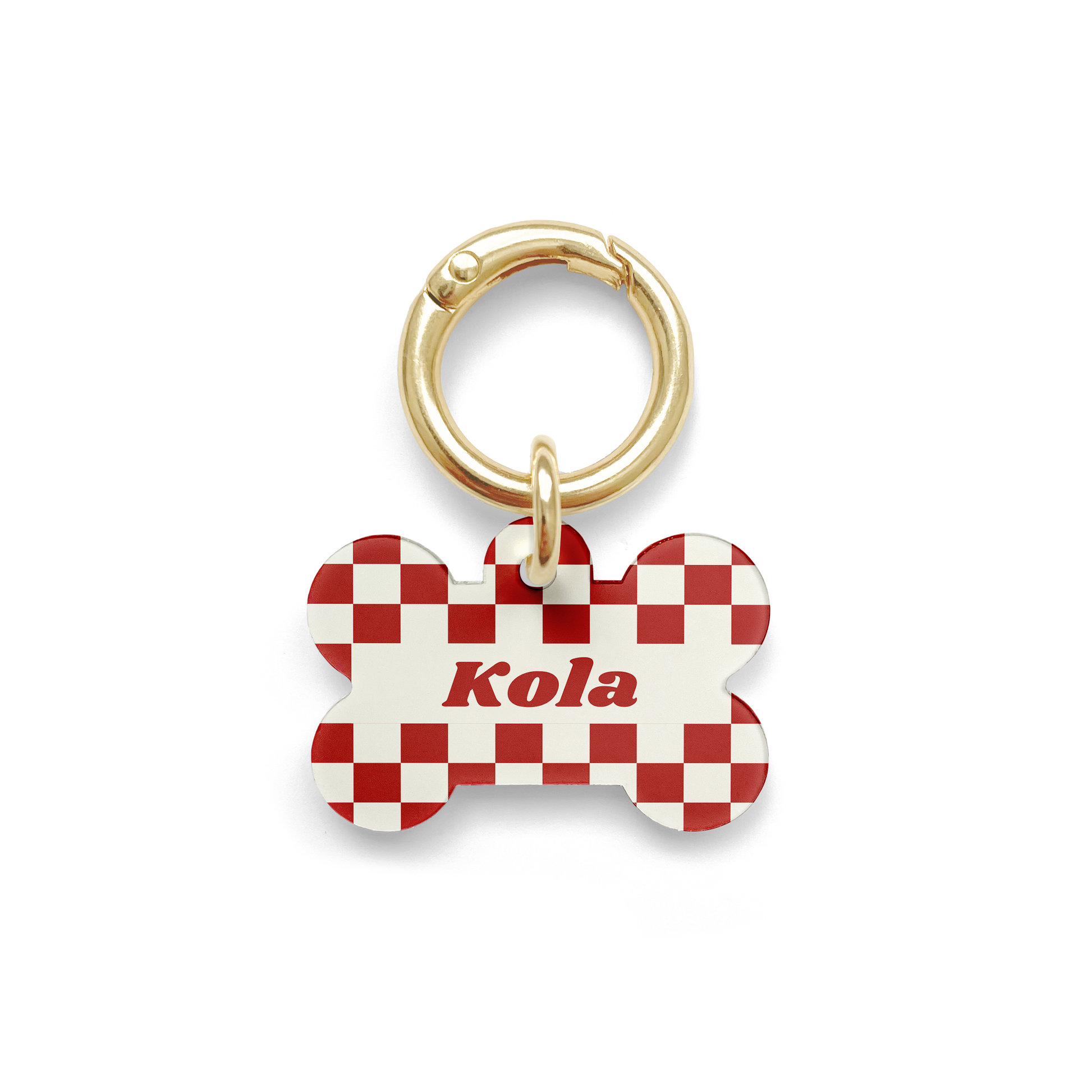 Red and white checker pattern on a Pet ID tag in a bone shape with a gold ring.