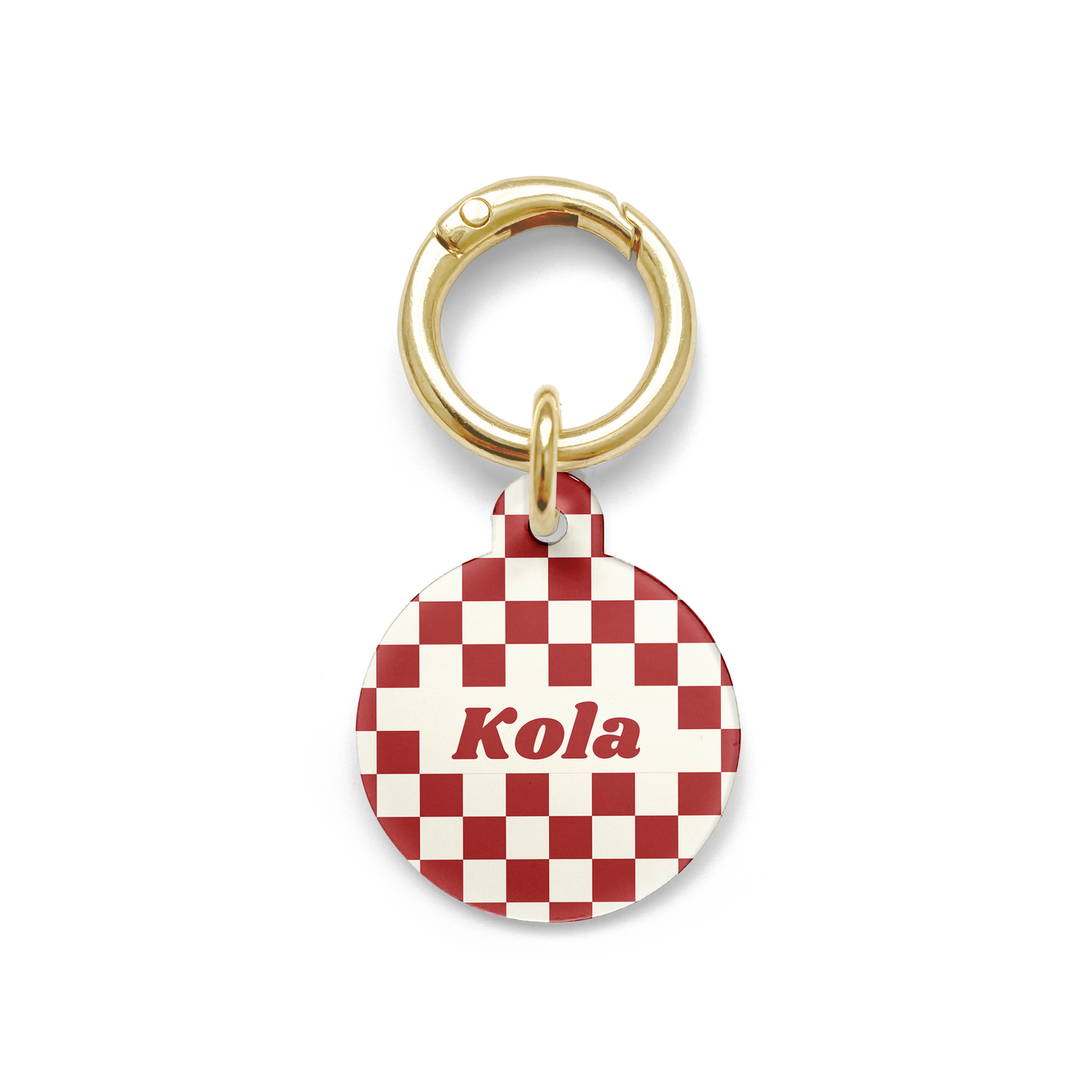 Red and white checker pattern on a Pet ID tag in a circular shape with a gold ring.
