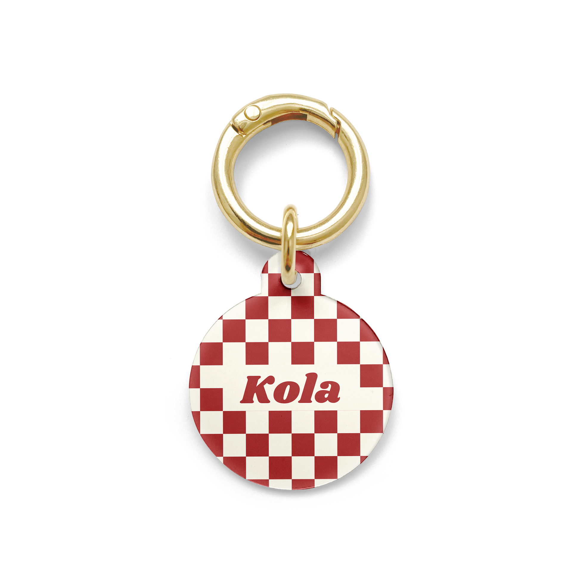 Red and white checker pattern on a Pet ID tag in a circular shape with a gold ring.