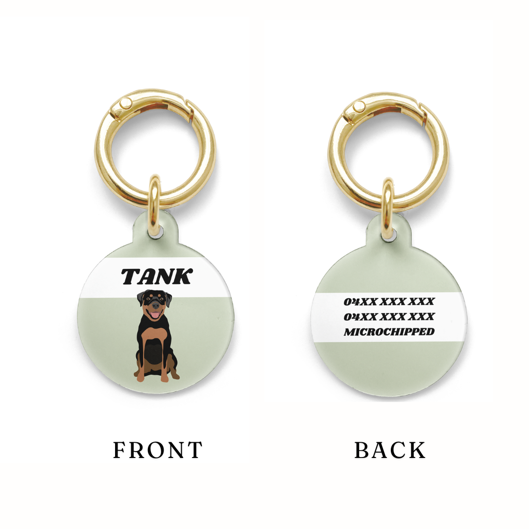 Example of the positioning of contact details on a circular Rottweiler dog ID tag with a green background and gold ring.