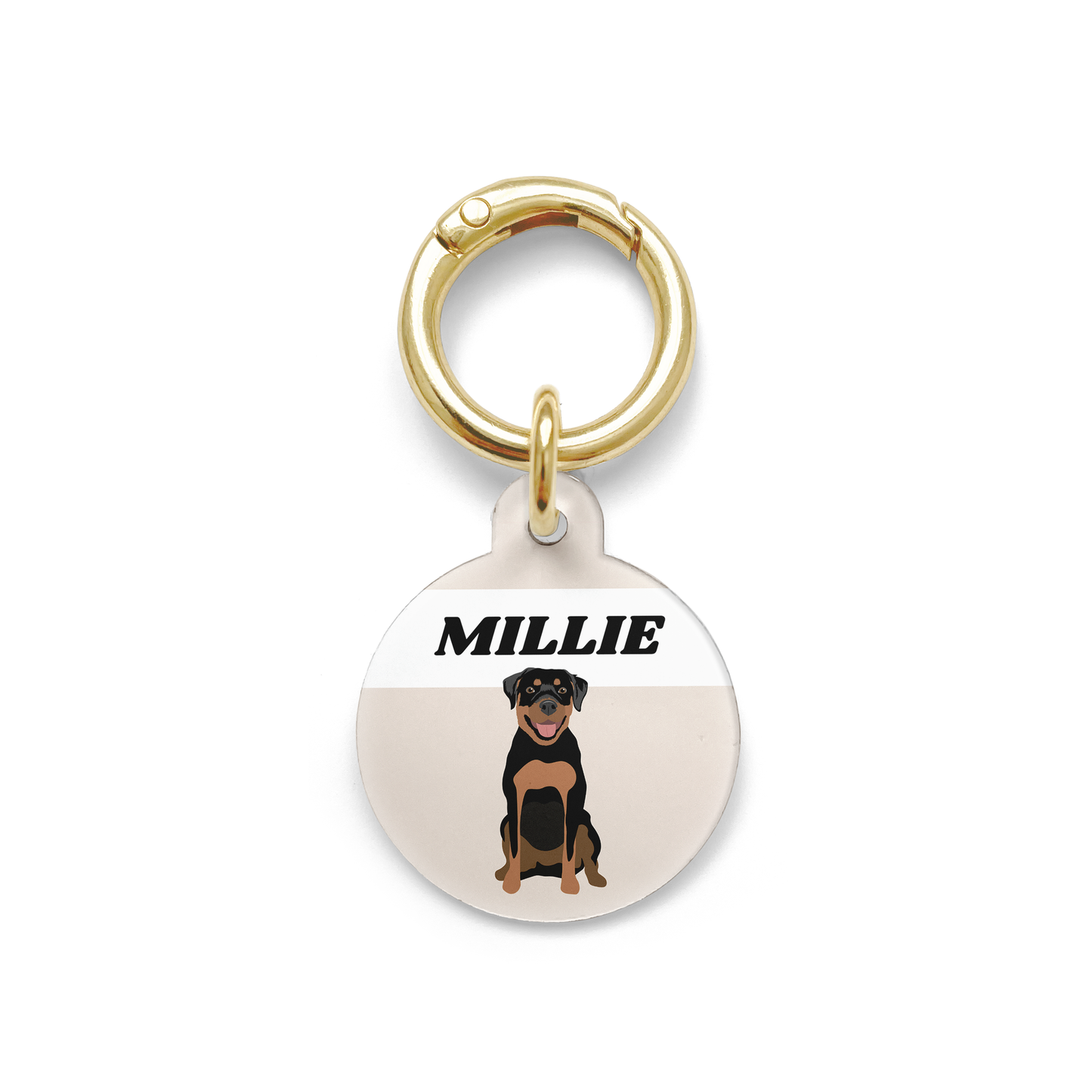 Rottweiler illustration on a circular dog ID tag with a beige background and gold ring.