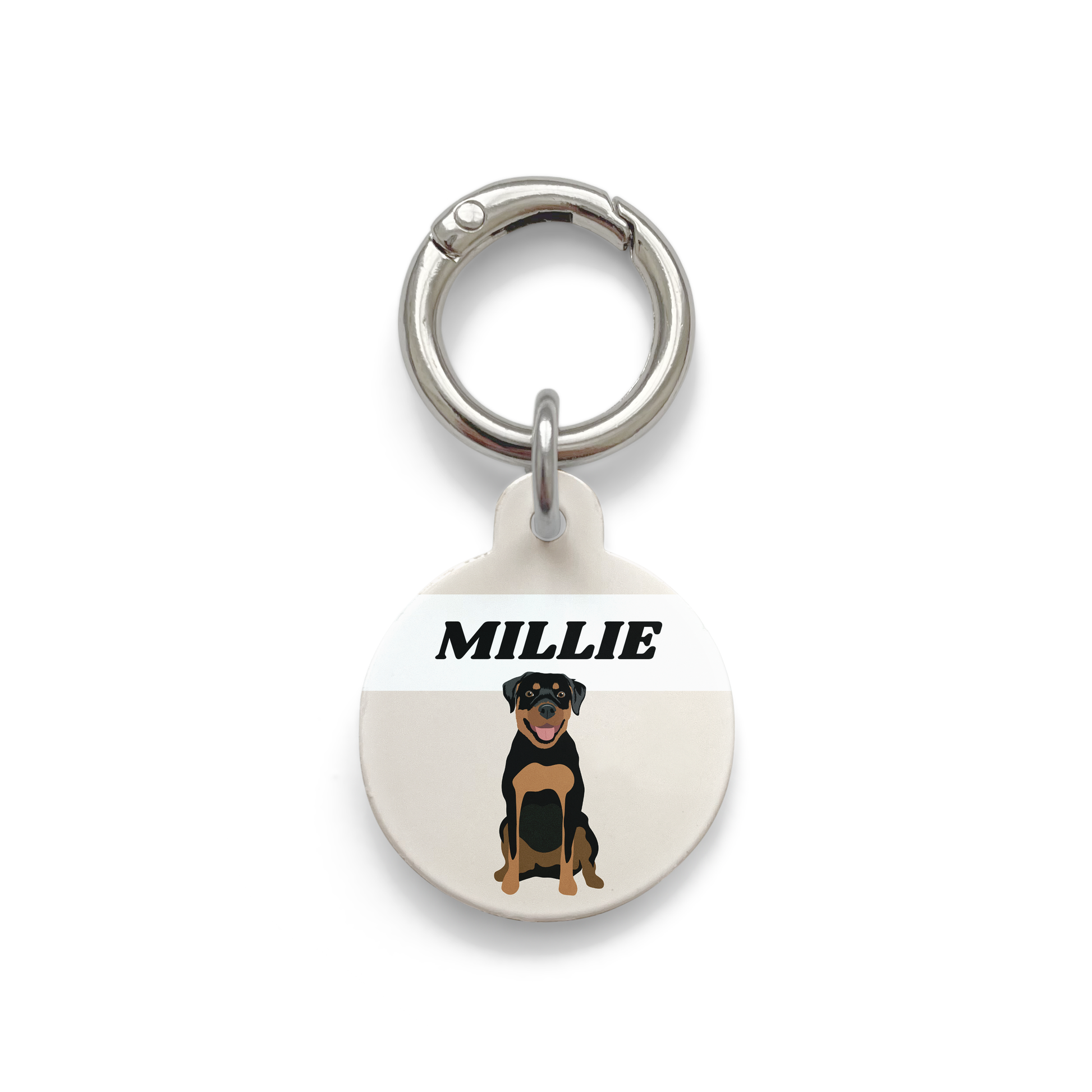 Rottweiler illustration on a circular dog ID tag with a beige background and silver ring.