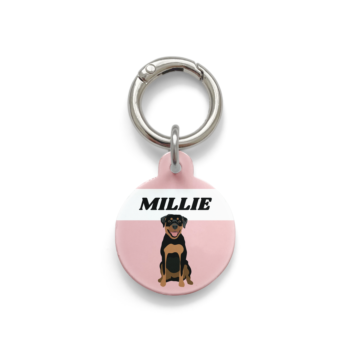 Rottweiler illustration on a circular dog ID tag with a pink background and silver ring.