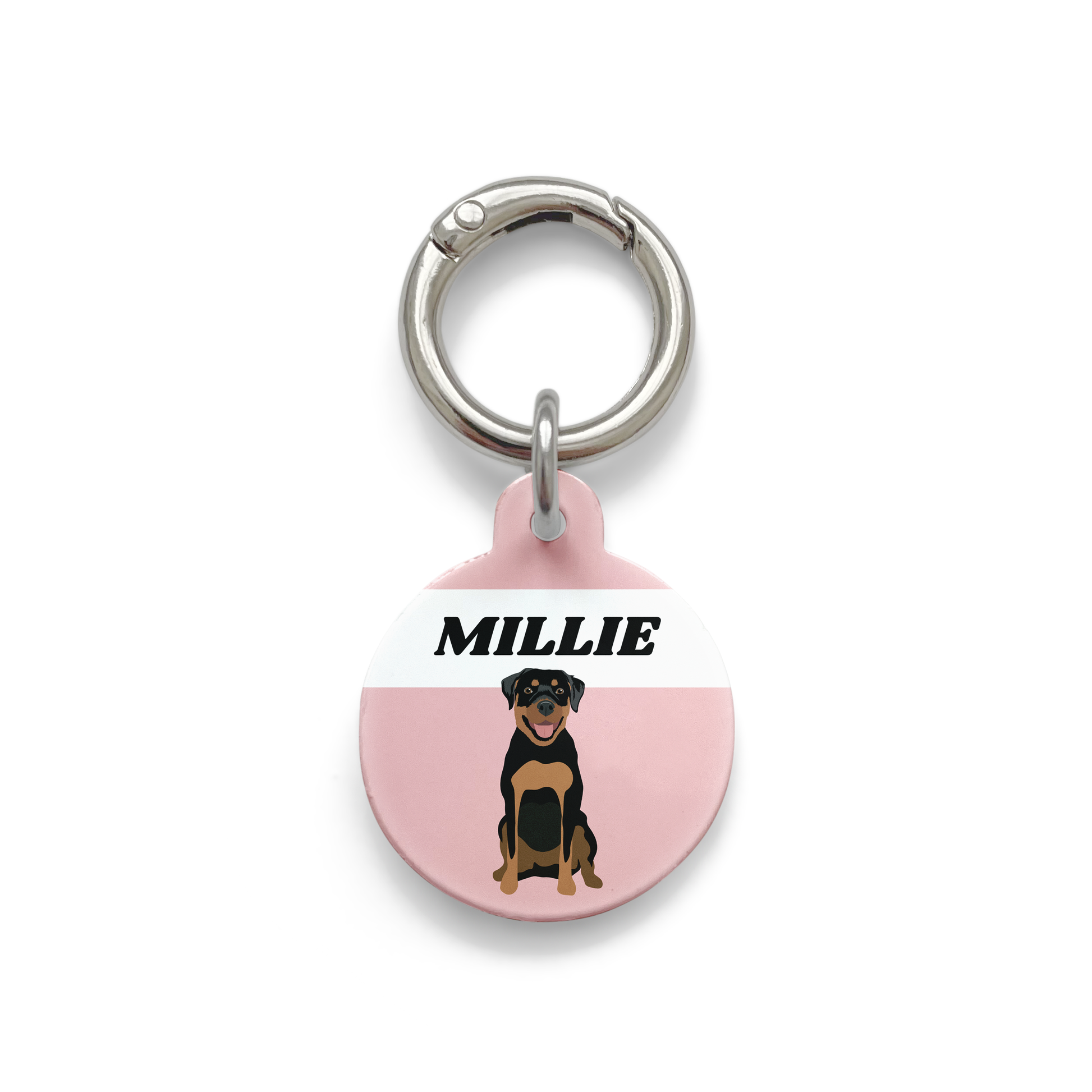 Rottweiler illustration on a circular dog ID tag with a pink background and silver ring.