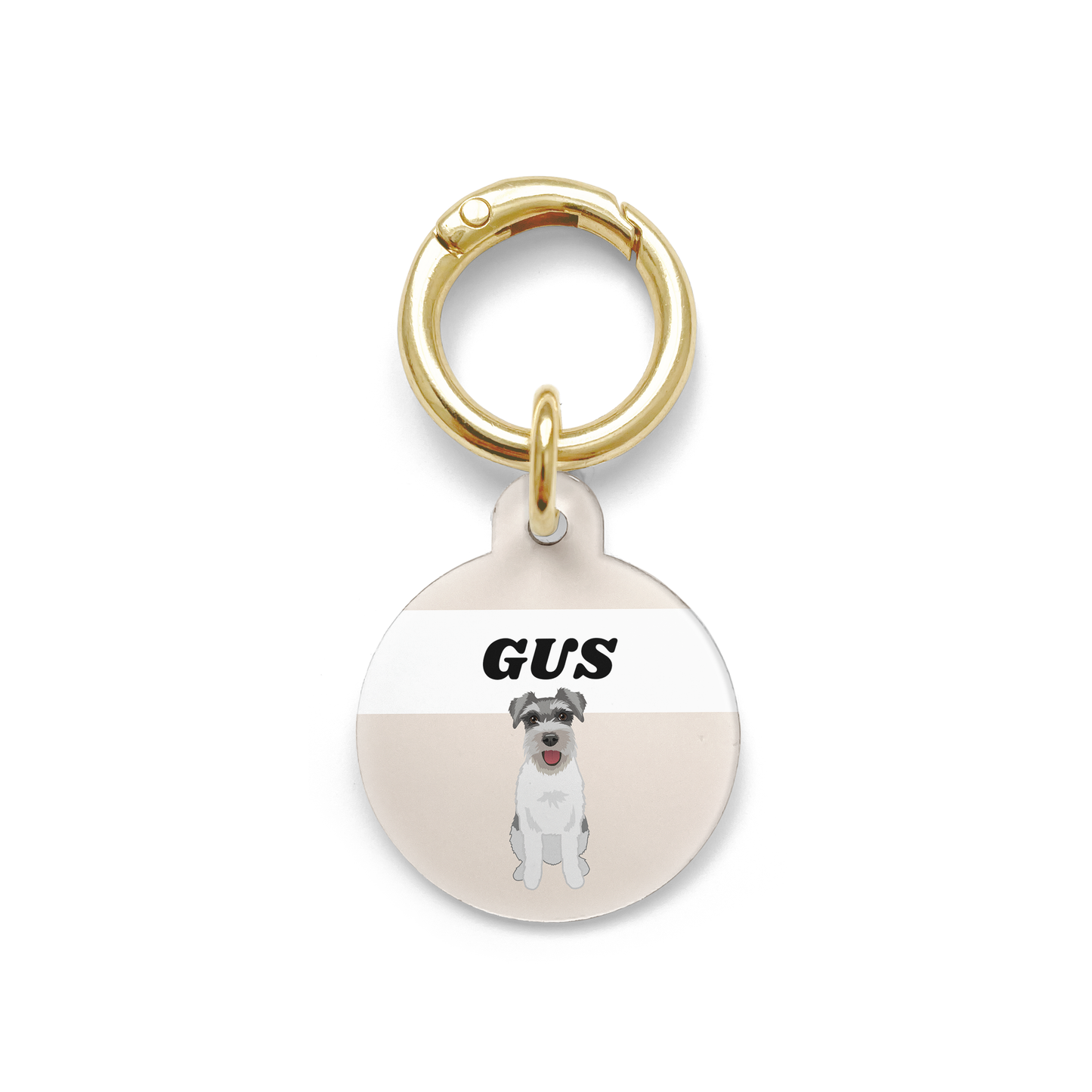 Schnauzer illustration on a circular dog ID tag with a beige background and gold ring.