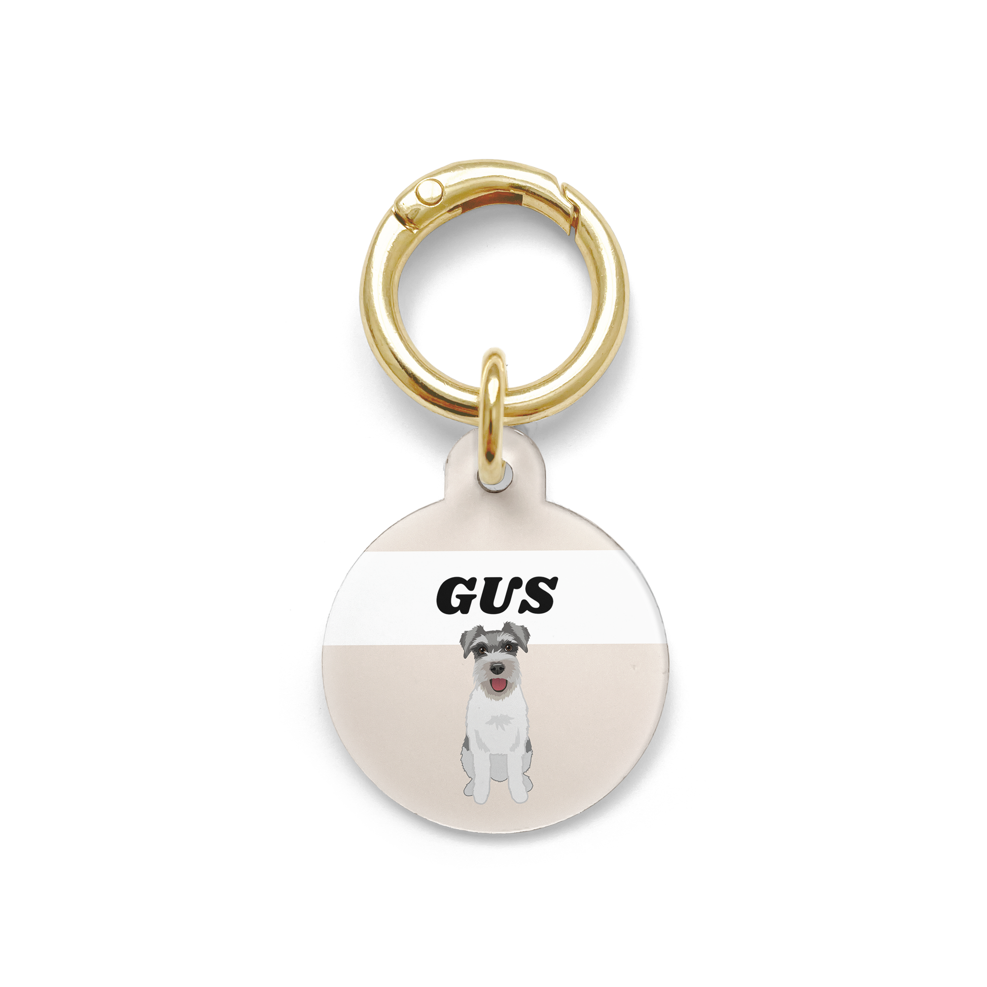 Schnauzer illustration on a circular dog ID tag with a beige background and gold ring.