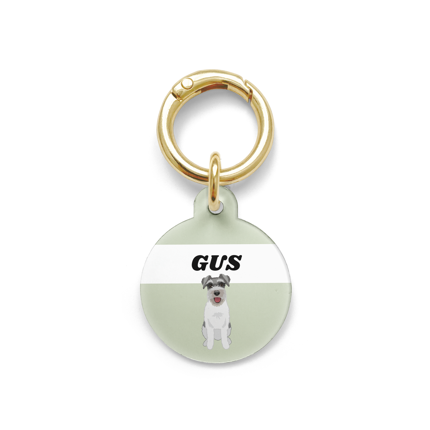 Schnauzer illustration on a circular dog ID tag with a green background and gold ring.