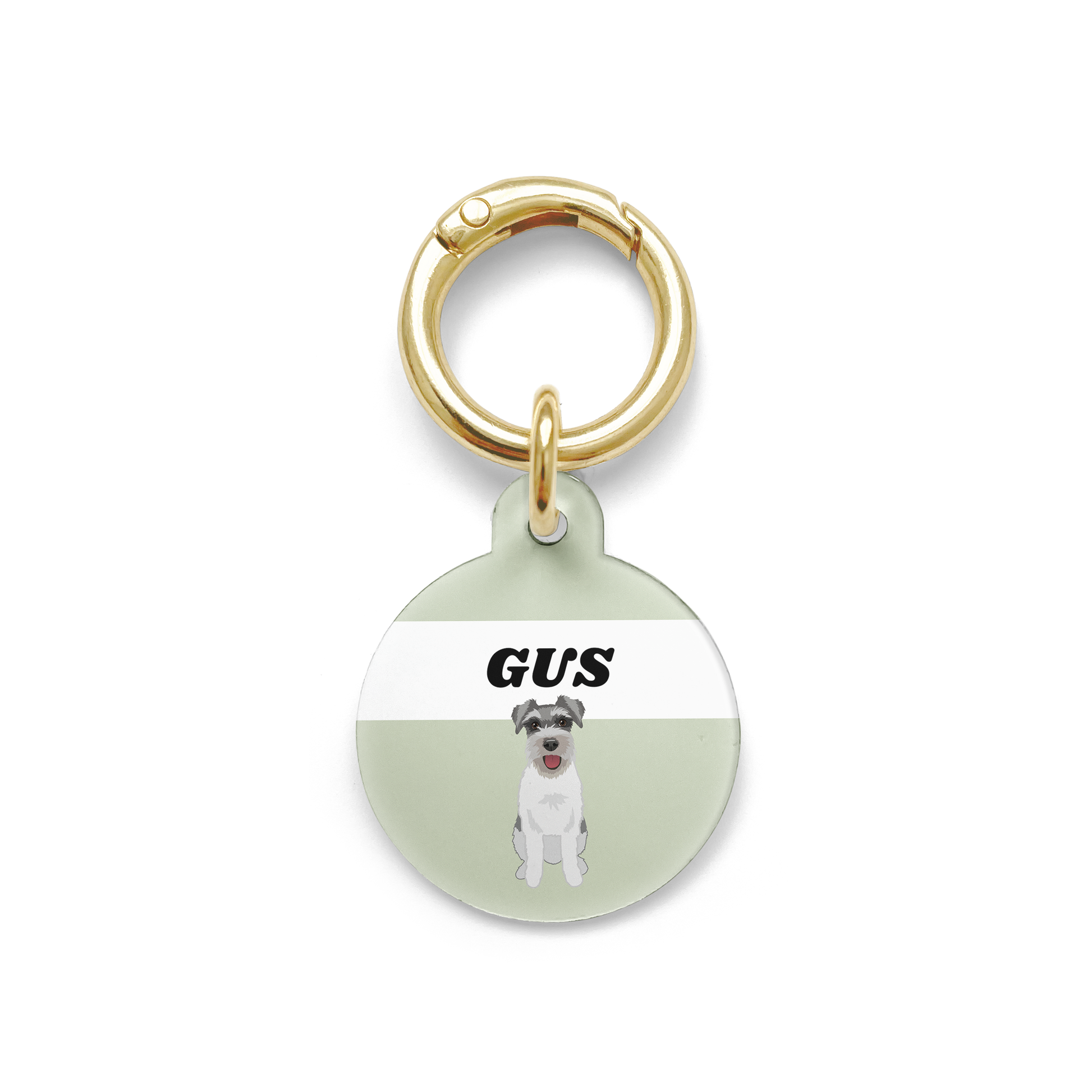 Schnauzer illustration on a circular dog ID tag with a green background and gold ring.