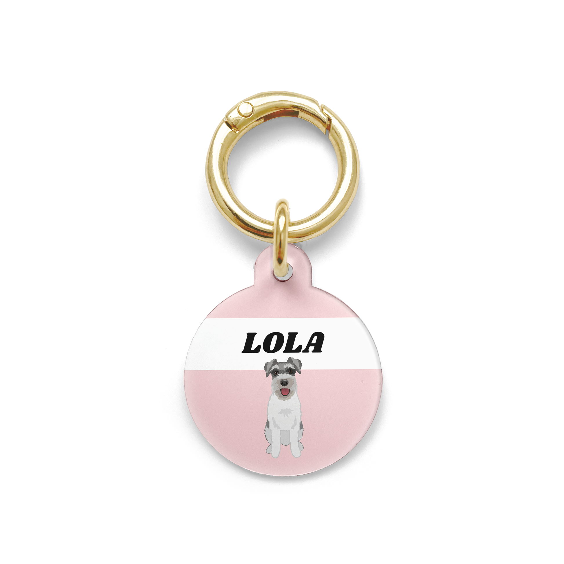 Schnauzer illustration on a circular dog ID tag with a pink background and gold ring.