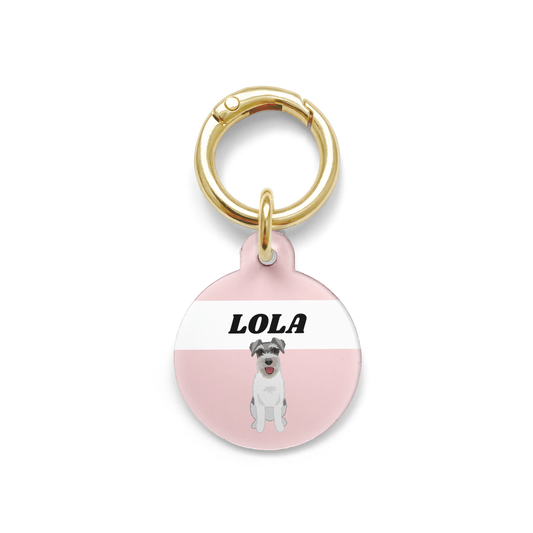 Schnauzer illustration on a circular dog ID tag with a pink background and gold ring.