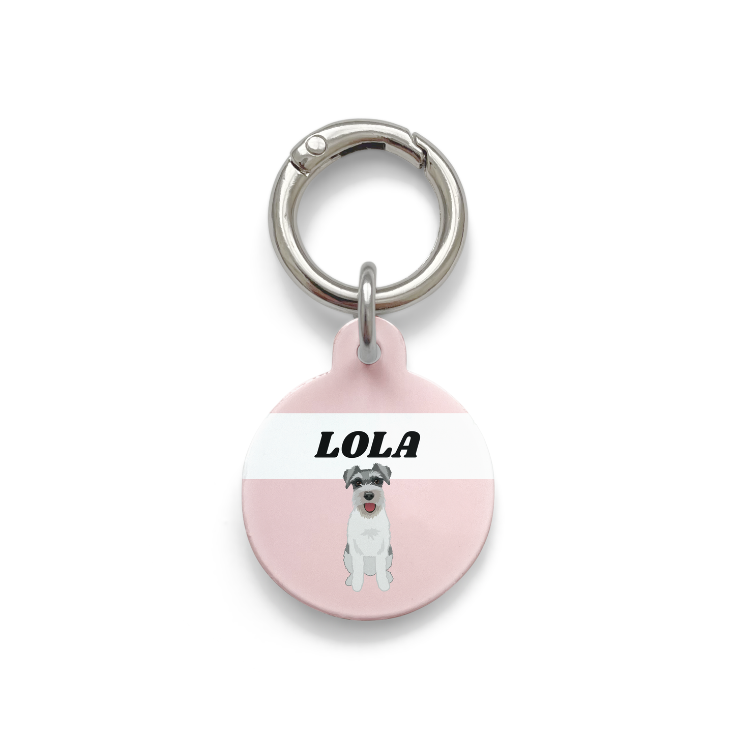 Schnauzer illustration on a circular dog ID tag with a pink background and silver ring.