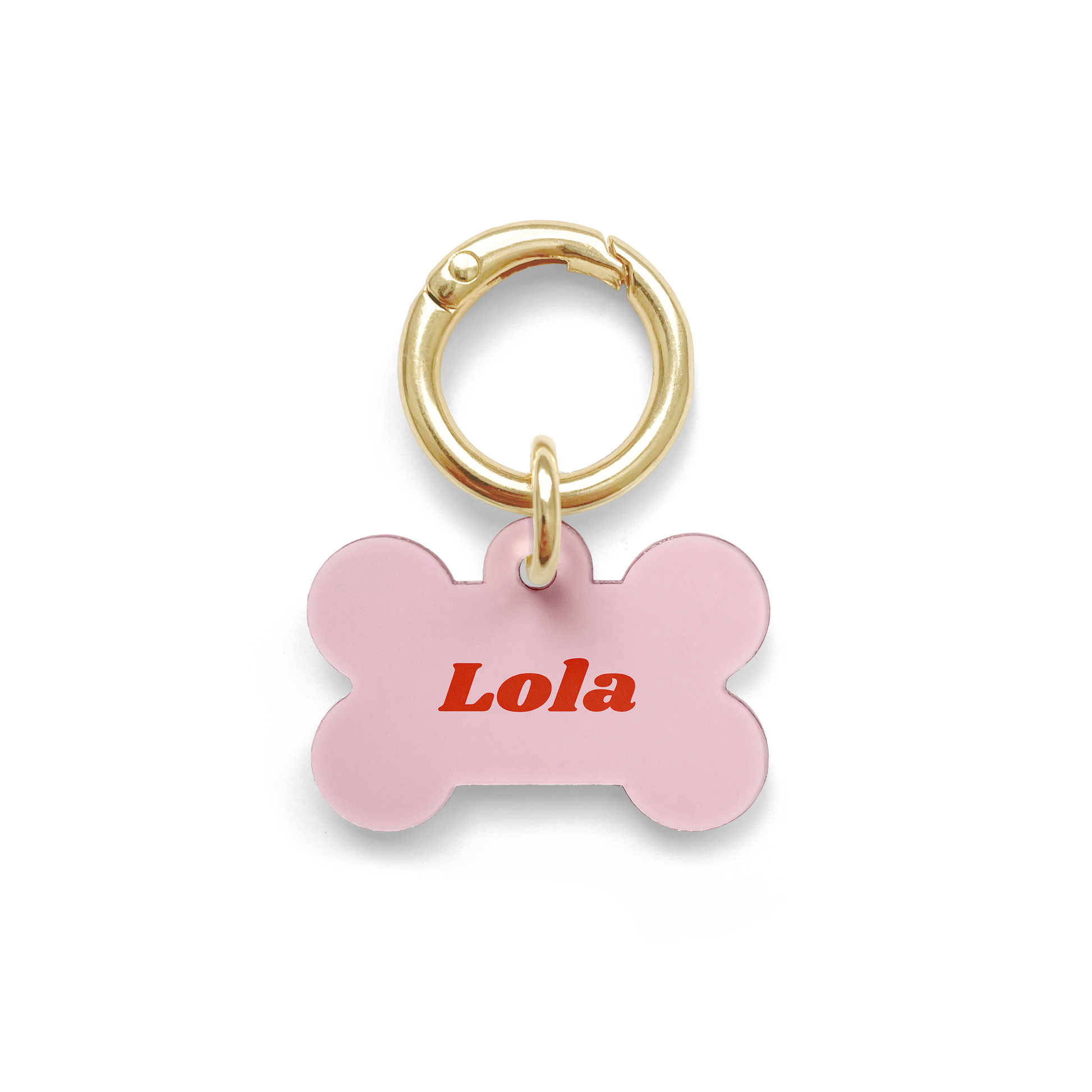 Pink Pet ID Tag from our Simple collection in a bone shape with a gold ring.