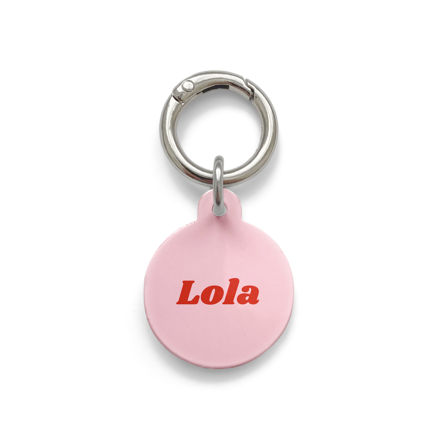 Pink Pet ID Tag from our Simple collection in a circular shape with a silver ring.