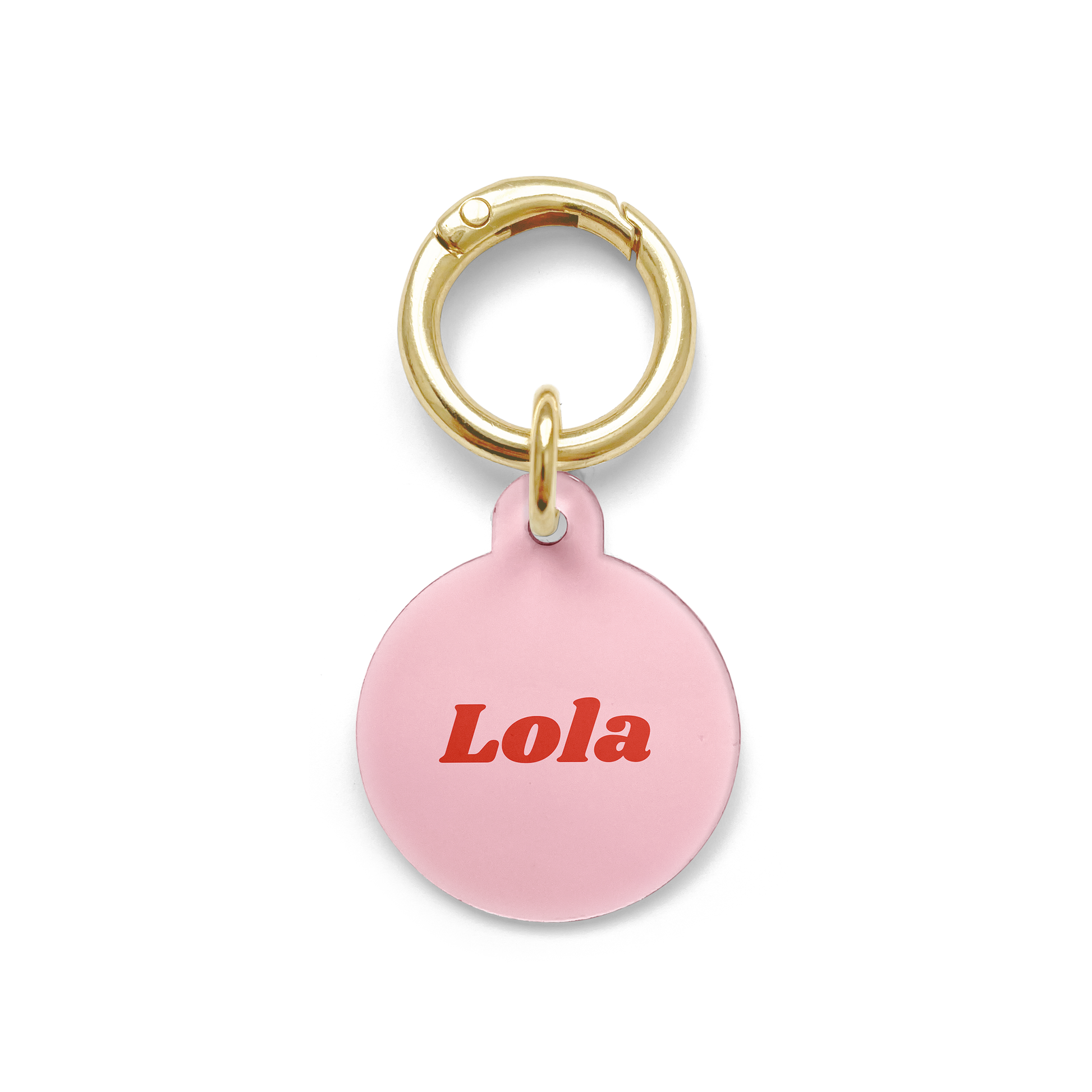 Pink Pet ID Tag from our Simple collection in a circular shape with a gold ring.