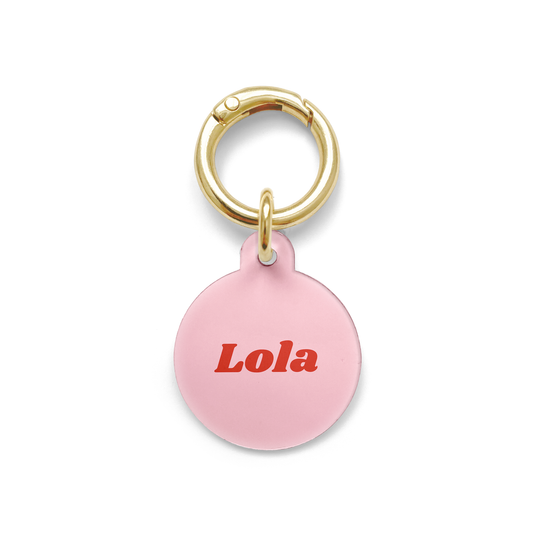 Pink Pet ID Tag from our Simple collection in a circular shape with a gold ring.