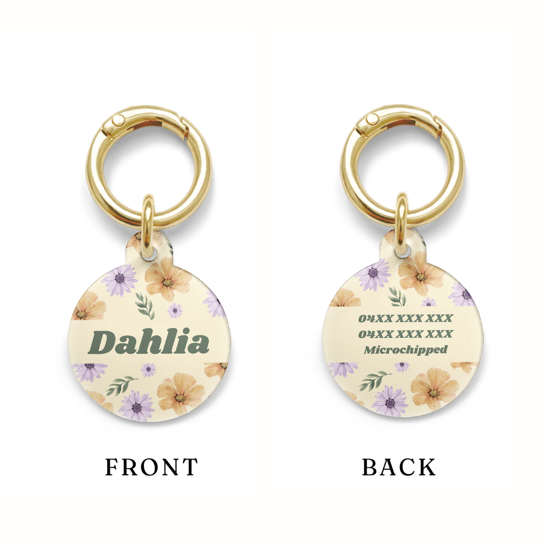 Example of the personalisation positioning for contact details on the Summer Breeze pet ID tag with a gold ring.