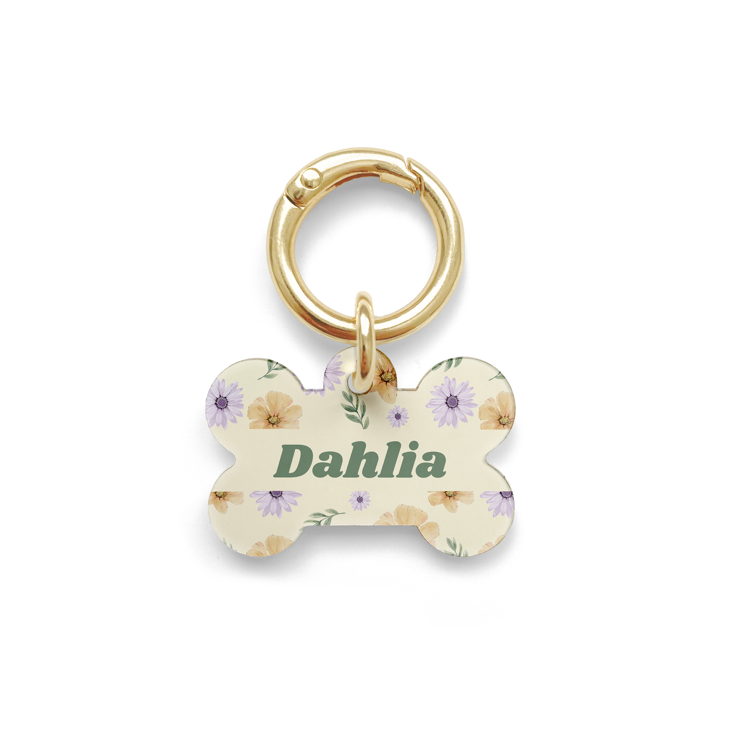 Summer flowers with purple and orange hues spread on a bone shaped pet ID tag with a gold ring.