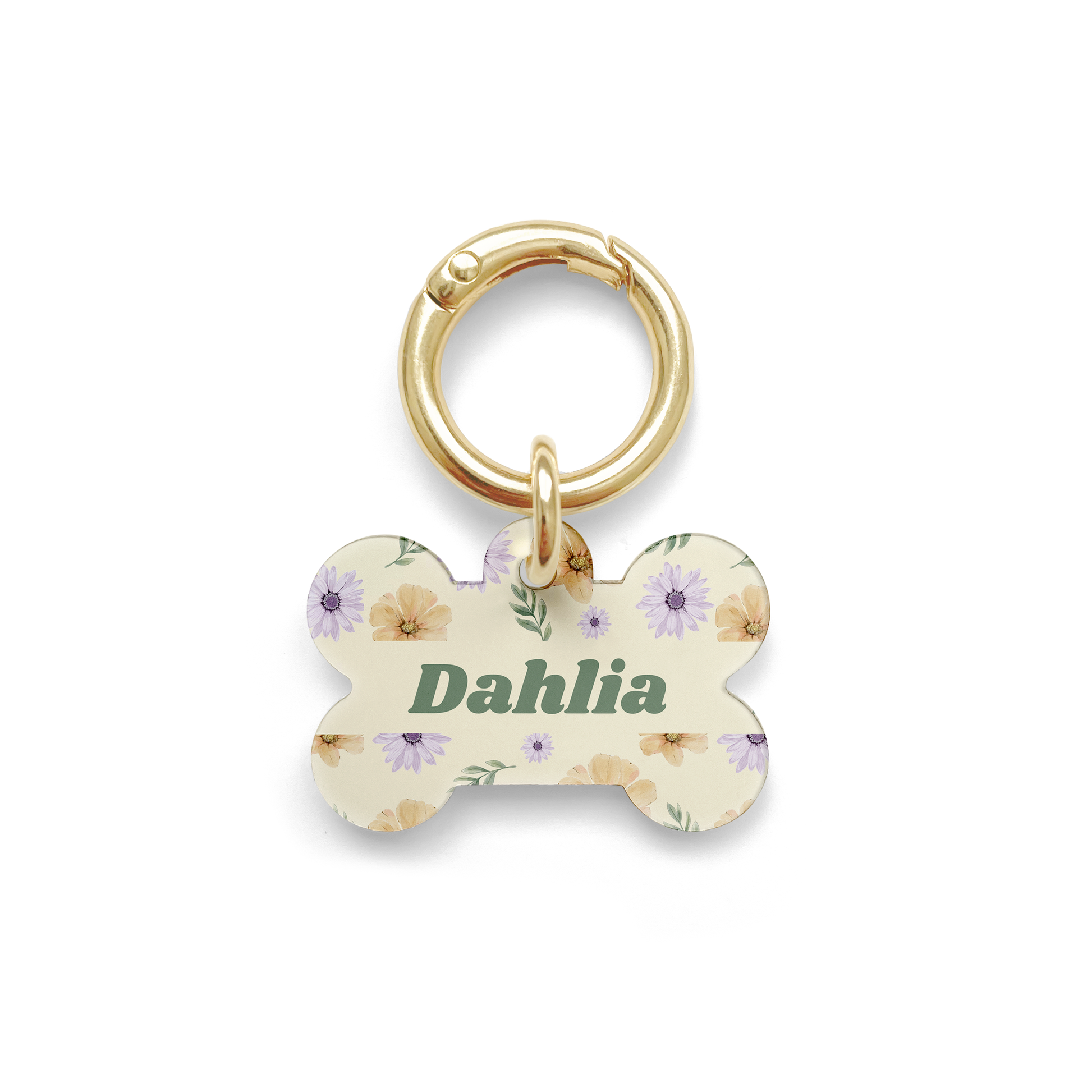Summer flowers with purple and orange hues spread on a bone shaped pet ID tag with a gold ring.