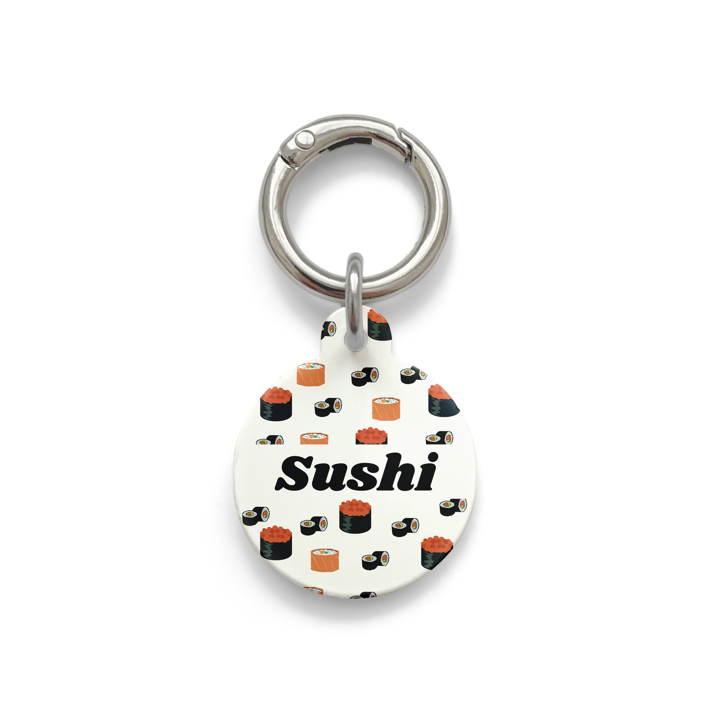 Circle shaped pet ID tag with a design showing various types of sushi with silver ring.