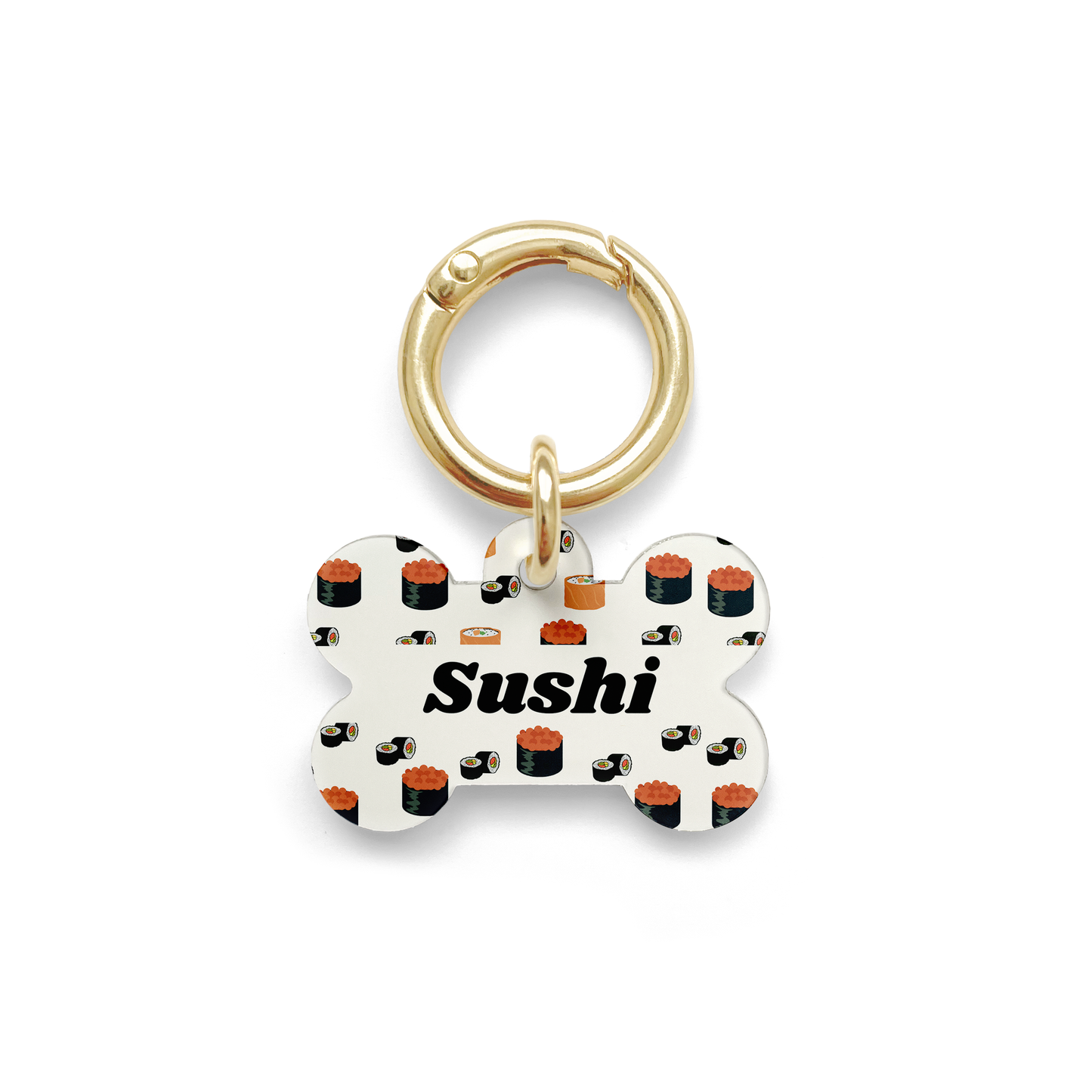 Bone shaped pet ID tag with a design showing various types of sushi with gold ring.