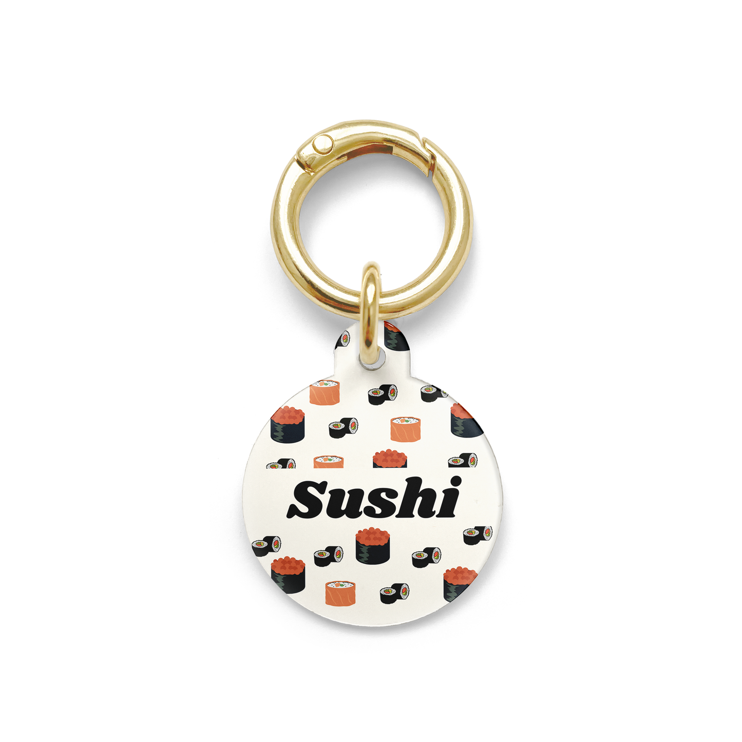 Circle shaped pet ID tag with a design showing various types of sushi with gold ring.