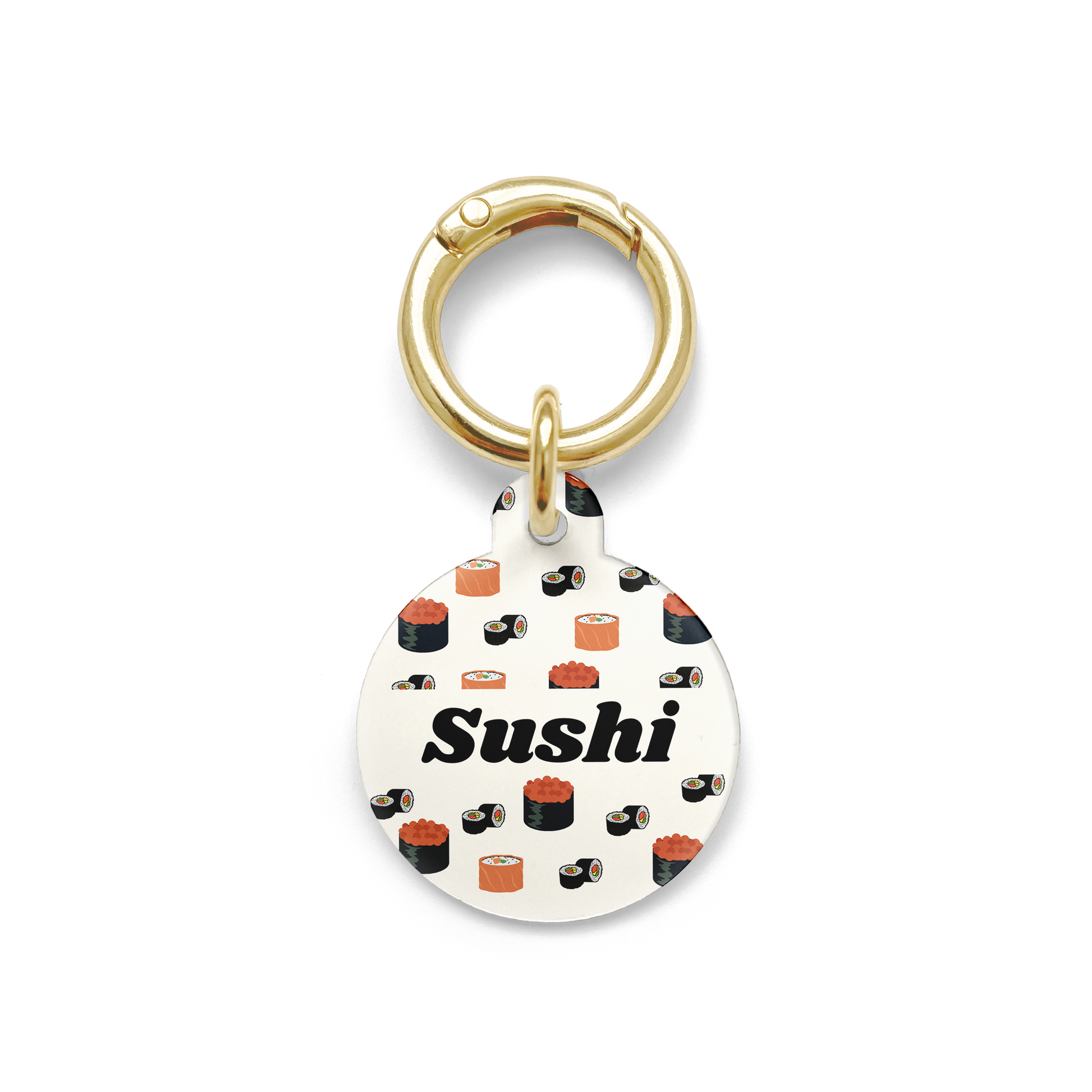 Circle shaped pet ID tag with a design showing various types of sushi with gold ring.
