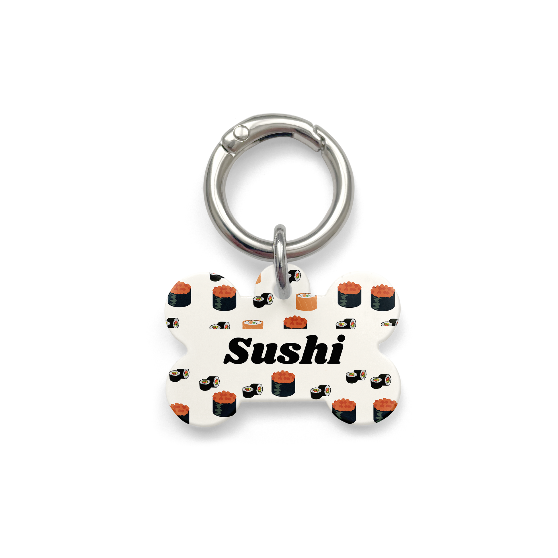 Bone shaped pet ID tag with a design showing various types of sushi with silver ring.