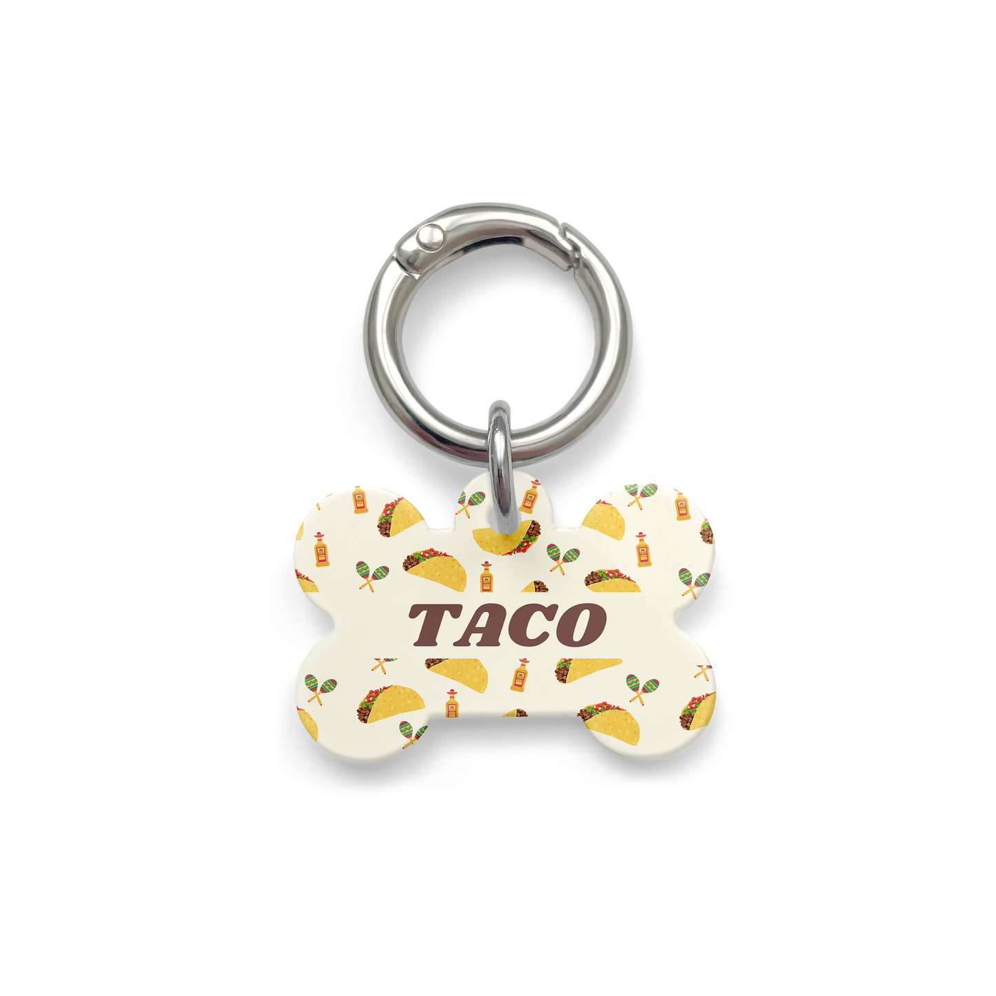 Bone shaped pet ID tag with a design showing tacos, tequila and  maraca's with silver ring.