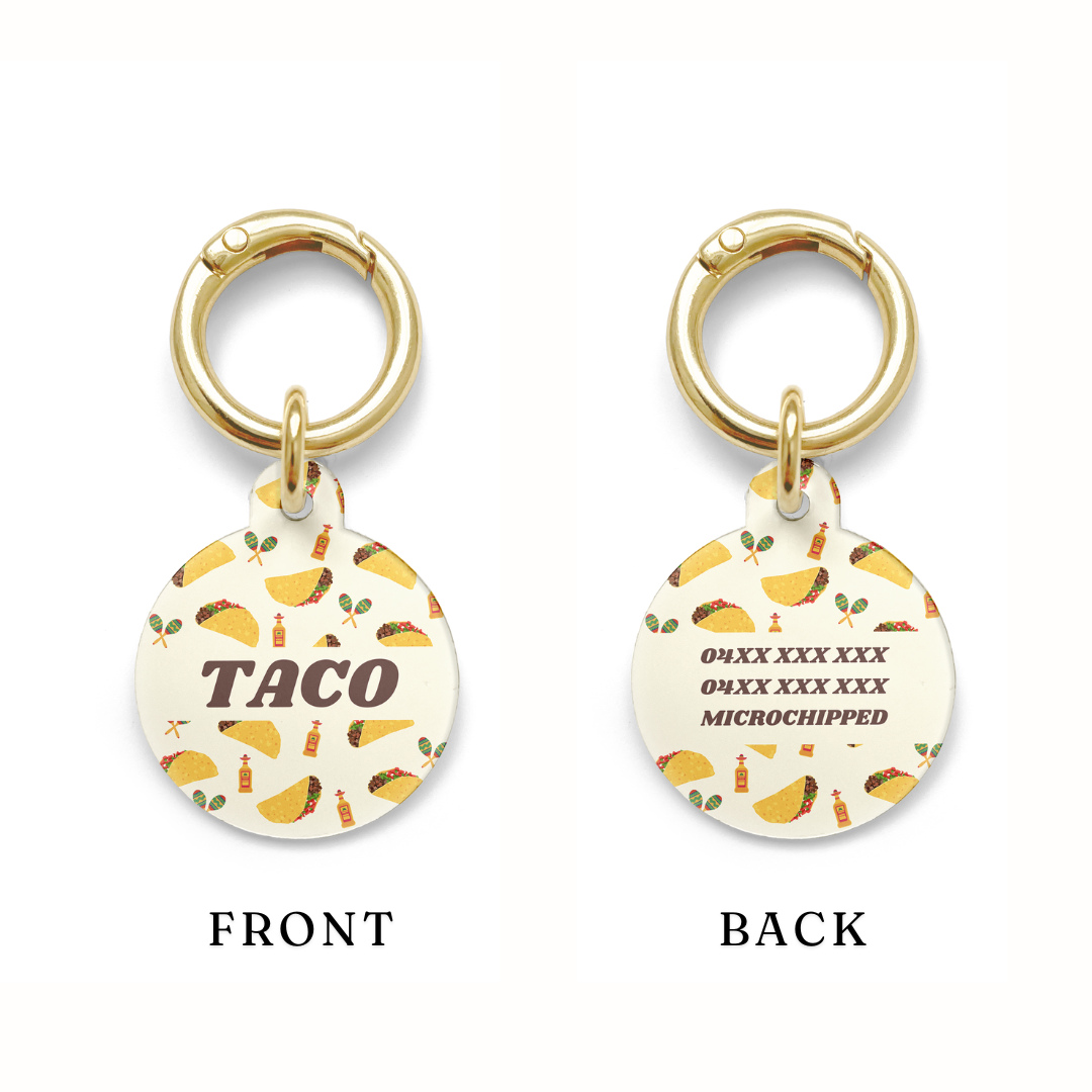 Example of the positioning of contact details on a Circle shaped pet ID tag with a design showing tacos, tequila and  maraca's with gold ring.