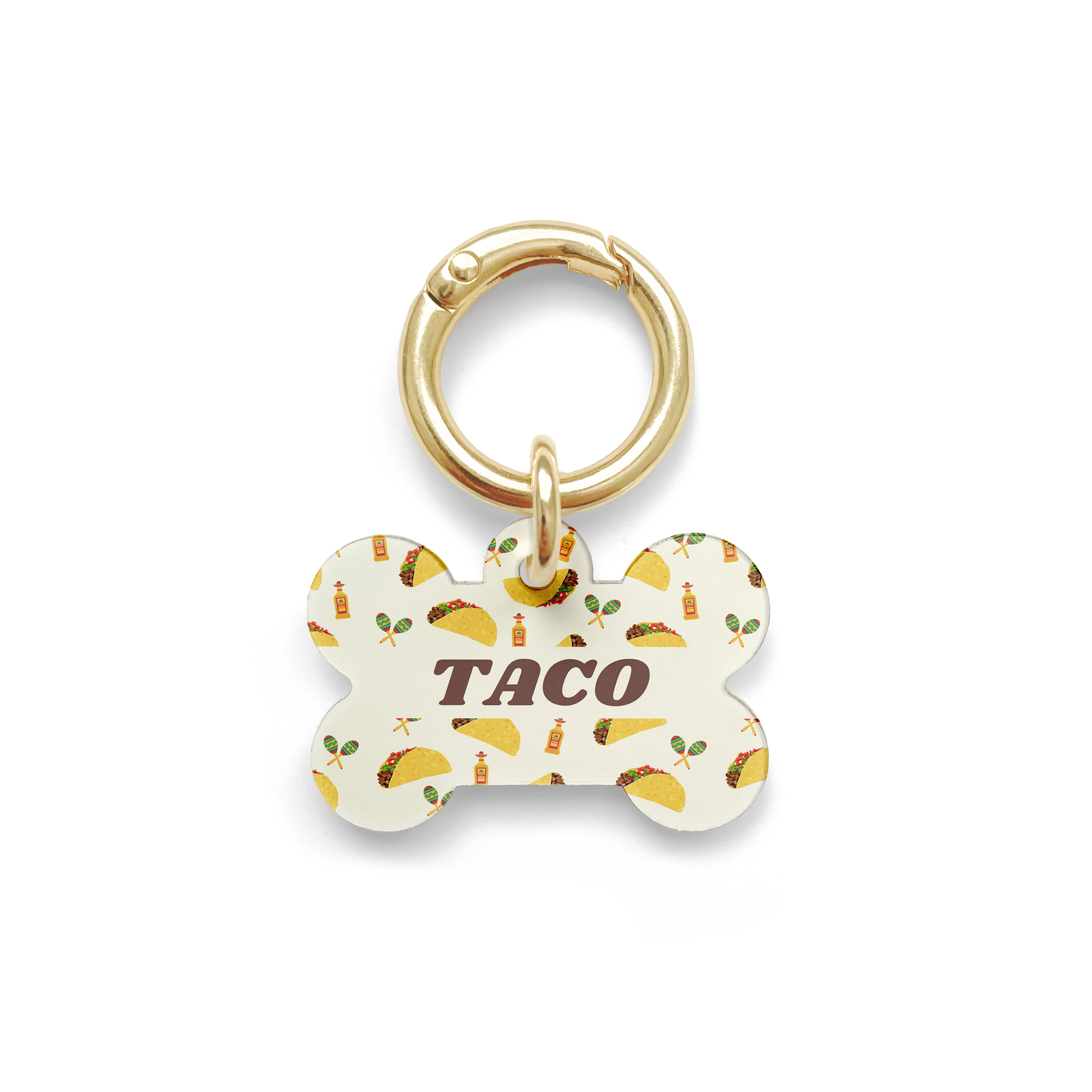 Bone shaped pet ID tag with a design showing tacos, tequila and  maraca's with gold ring.