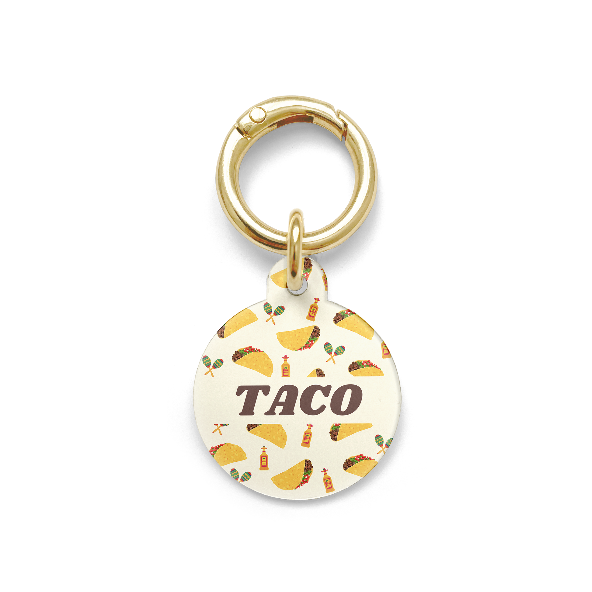Circle shaped pet ID tag with a design showing tacos, tequila and  maraca's with gold ring.