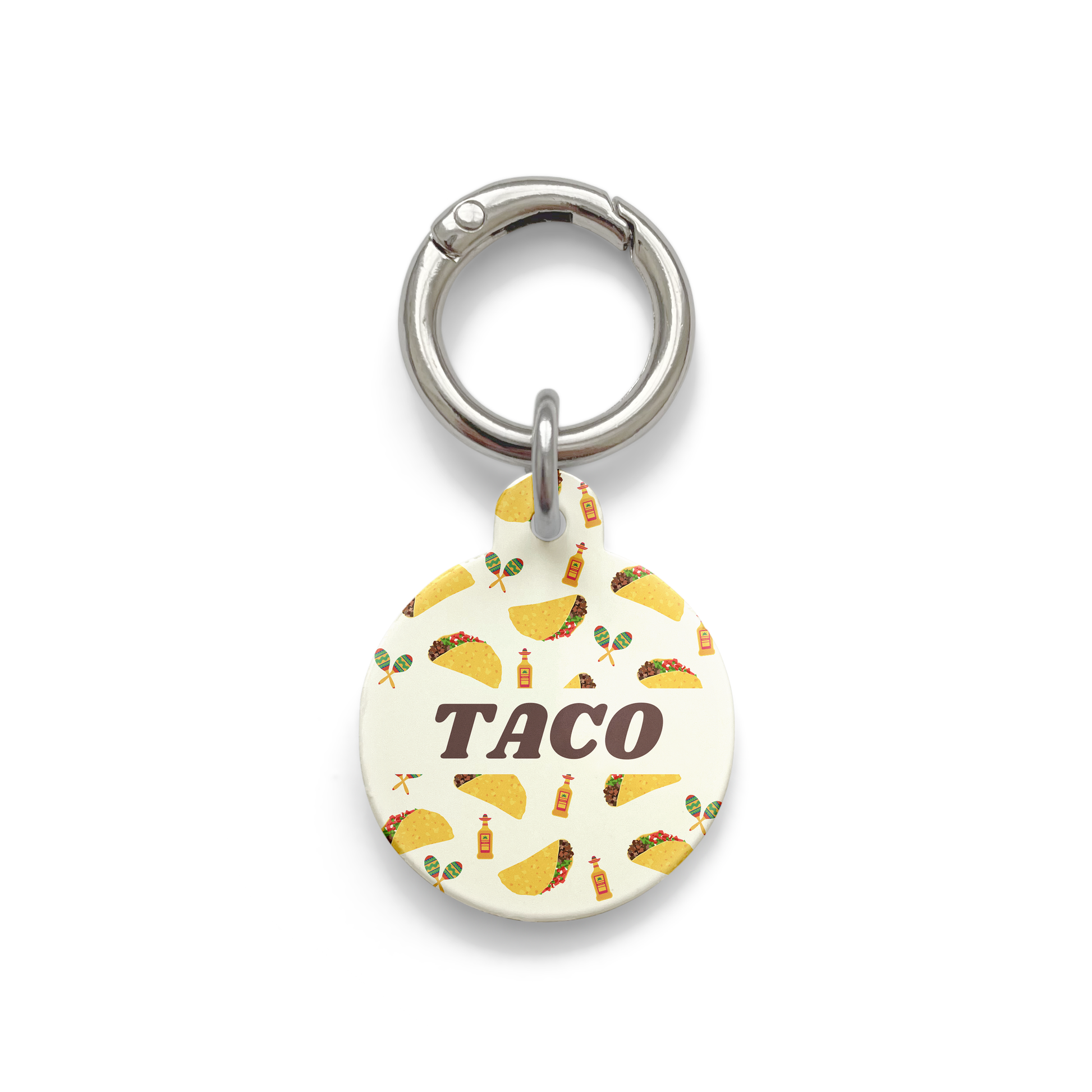 Circle shaped pet ID tag with a design showing tacos, tequila and  maraca's with silver ring.
